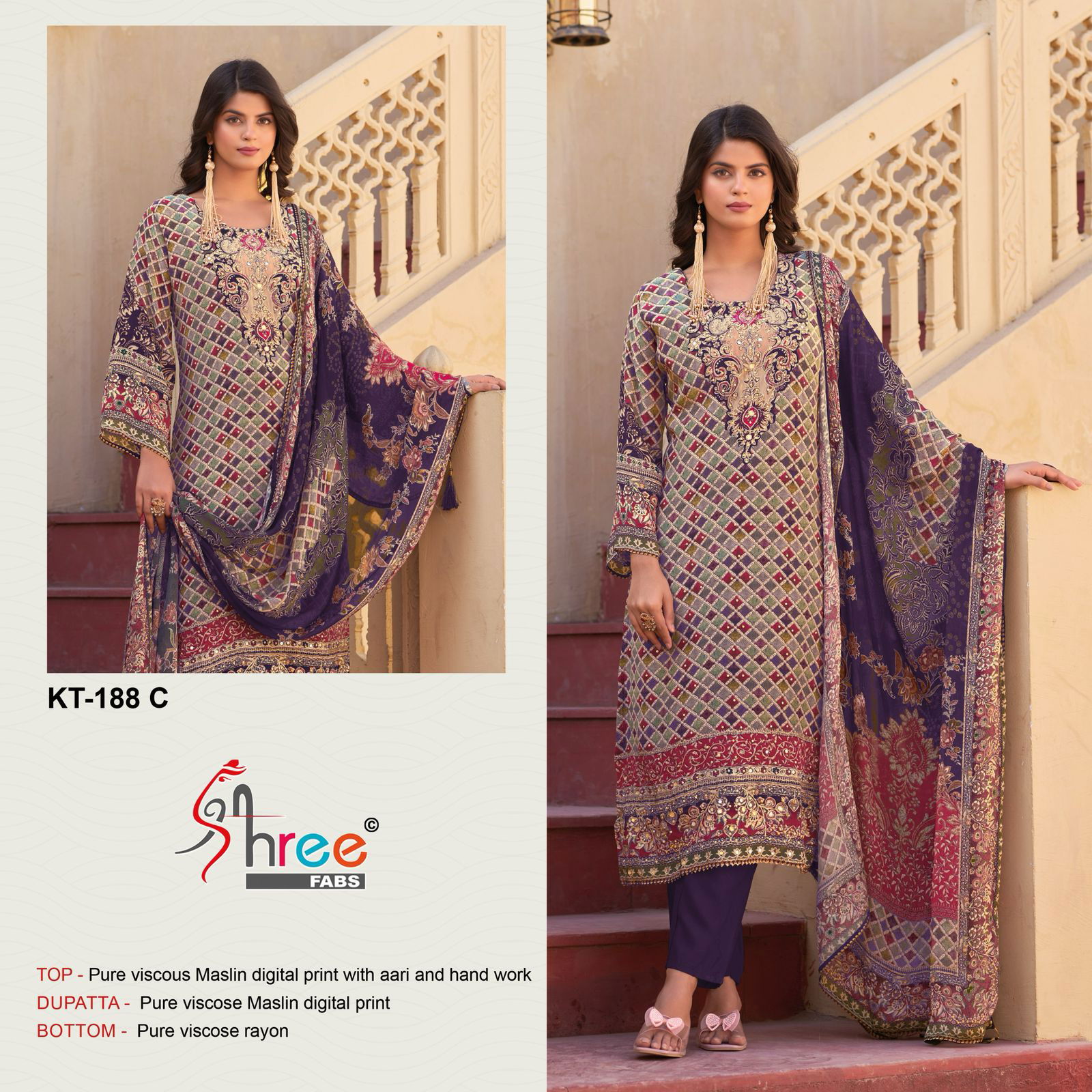 Kt 188 by Shree Viscose Maslin Digital Printed Salwar Suits Exporters In India
